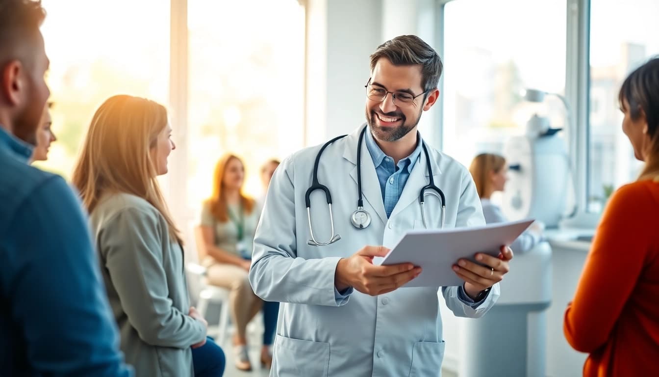 Praxisfotograf München zeigt eine freundliche Arzt-Patienten-Interaktion in einer modernen Praxis.