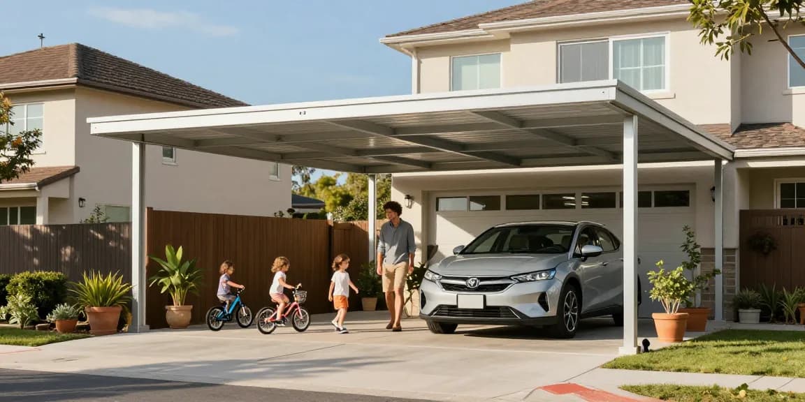 Ein stilvoller Carport schützt das Familienauto an einem sonnigen Tag, während Kinder in der Nähe mit Fahrrädern spielen.