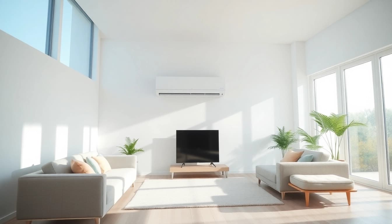 Installieren Sie eine Klimaanlage elegant in Ihrem modernen Wohnzimmer für optimalen Komfort.
