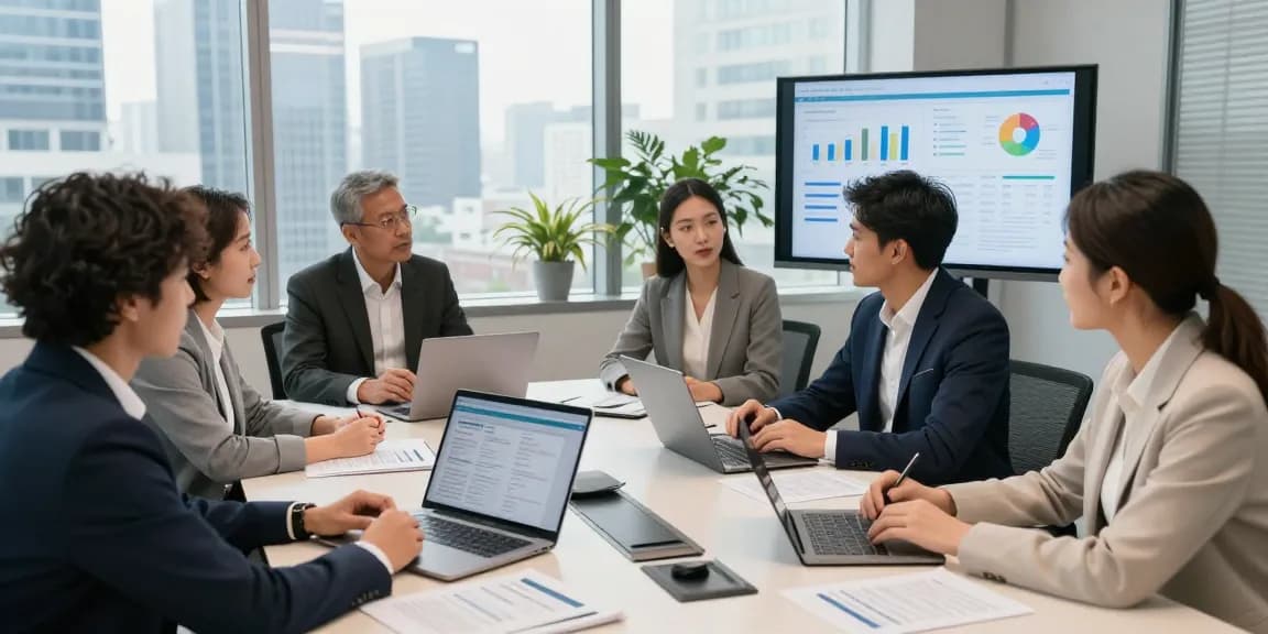 Bewertungsplattform Führung: Team bei der Bewertung von Führungskräften und Unternehmenskultur in modernem Konferenzraum.
