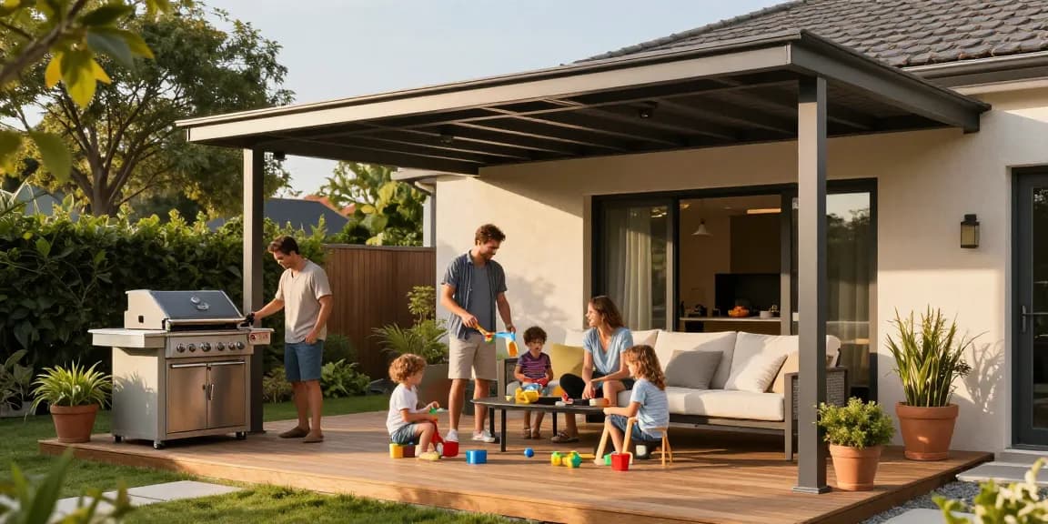 Moderne Terrassenüberdachungen mit einer Familie, die einen sonnigen Tag im Freien genießt.