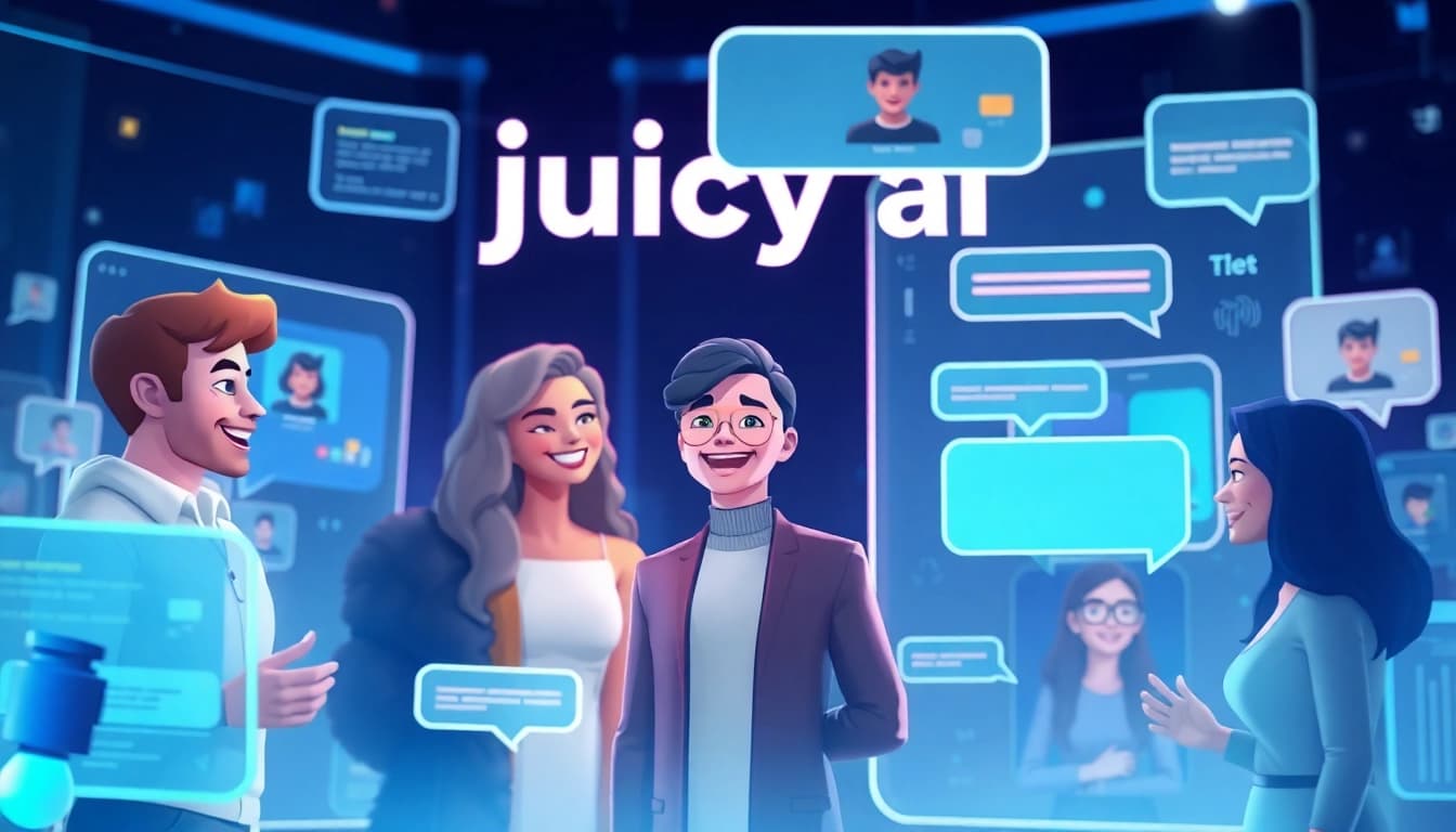 Engaging scene of juicy ai chatbot interaction with diverse avatars and futuristic design.