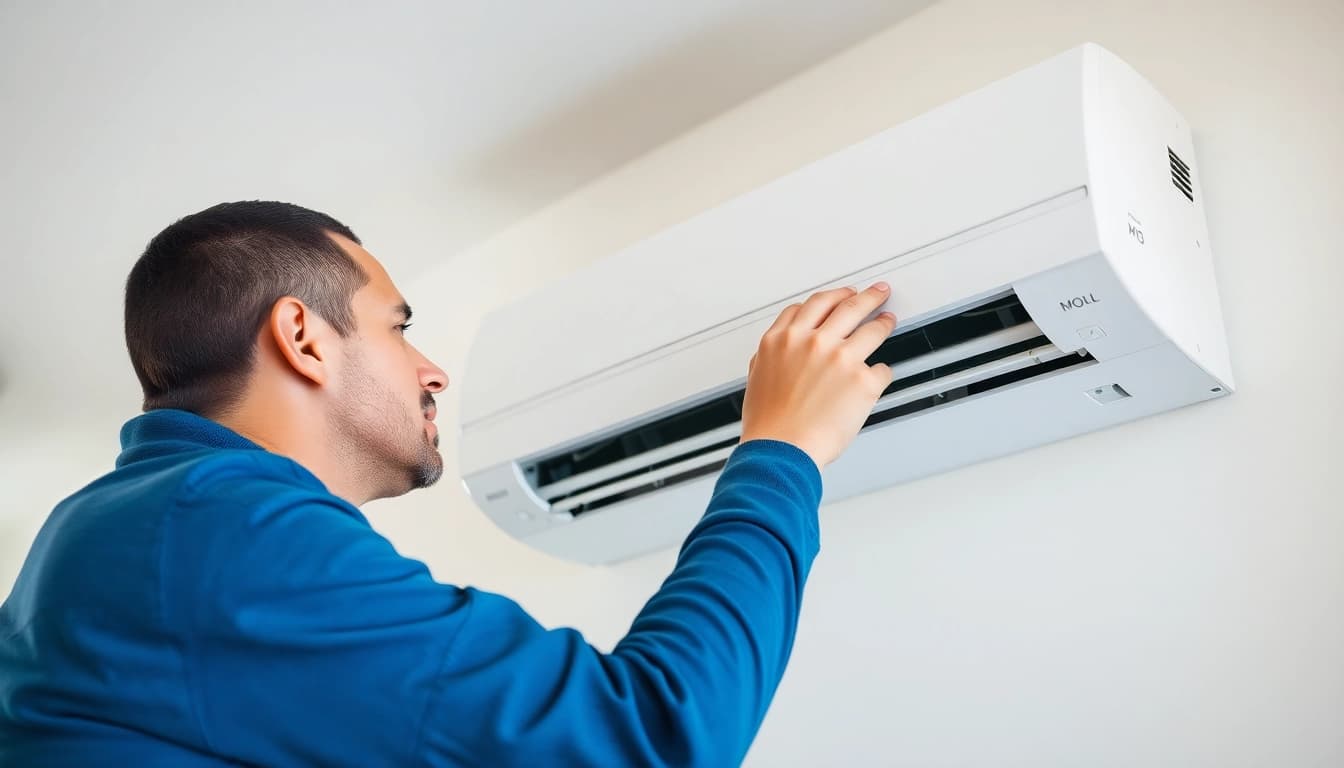 Technician expertly Klima installieren a split air conditioning unit in a bright living room setting.
