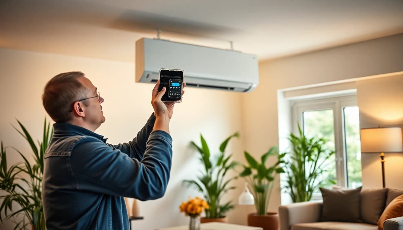 Klimaanlagen installieren lassen - Professioneller Techniker bei der Installation einer Klimaanlage in einem modernen Raum.
