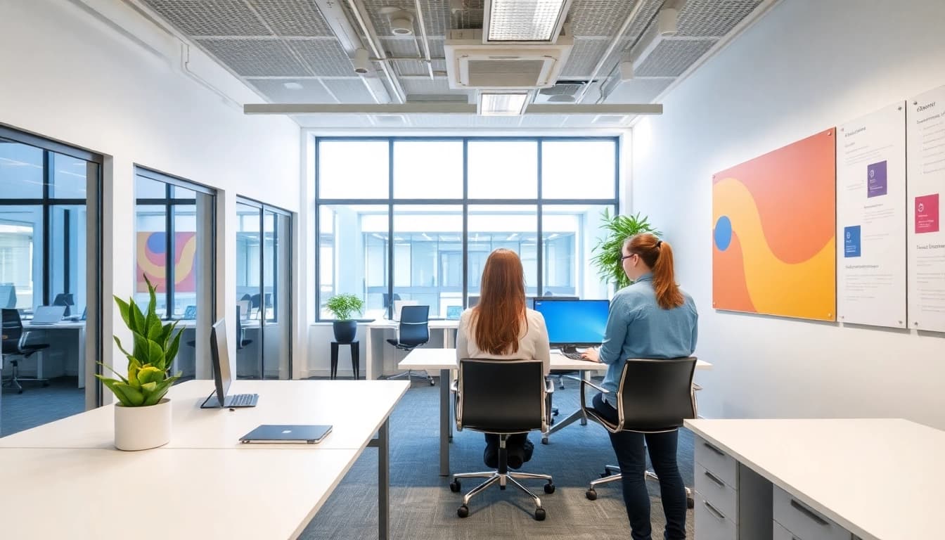 Effiziente Prozessoptimierung in einem modernen Büro mit digitalen Tools und fröhlicher Atmosphäre.