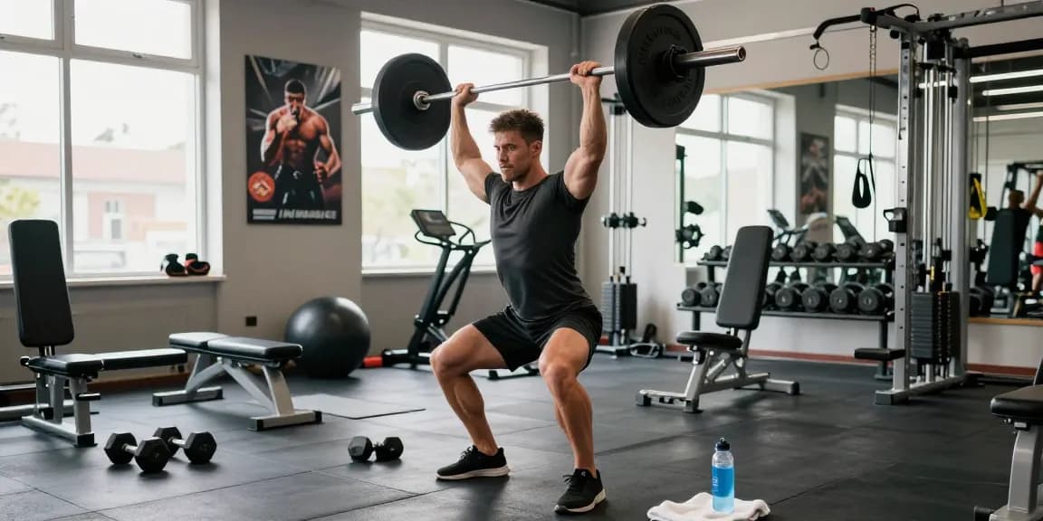 Bodybuilder, der im modernen Fitnessstudio trainiert und Produkte des Anabolika-Shops Deutschland sowie Fitnessengagement präsentiert.