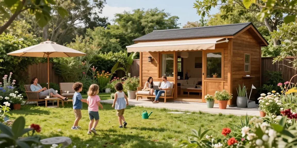 Schönes Gartenhaus von McGarden24 im Garten mit blühenden Pflanzen und einer einladenden Terrasse.