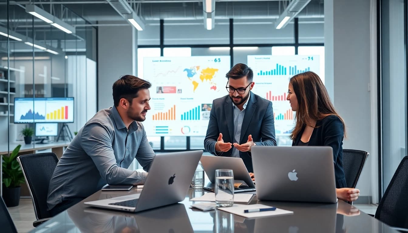 Online Marketing Team discussions in modern office environment with colorful charts.