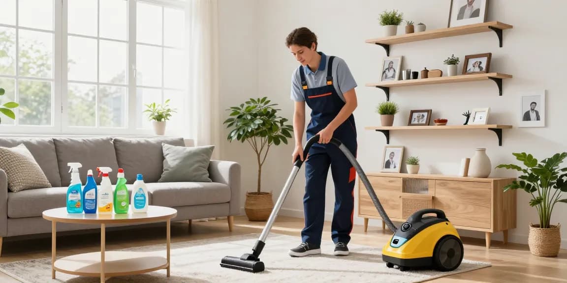 Professional cleaner engaged in unterhaltsreinigung solothurn in a bright living room.
