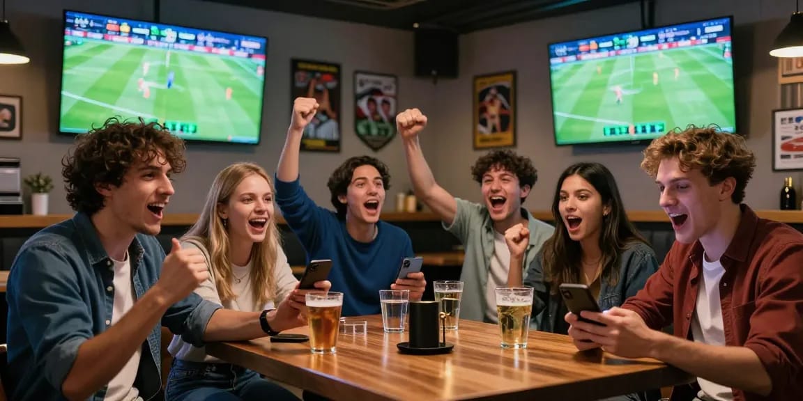Fußball Wetten in lebhaftem Sportpub mit Fans, die auf große Bildschirme schauen.