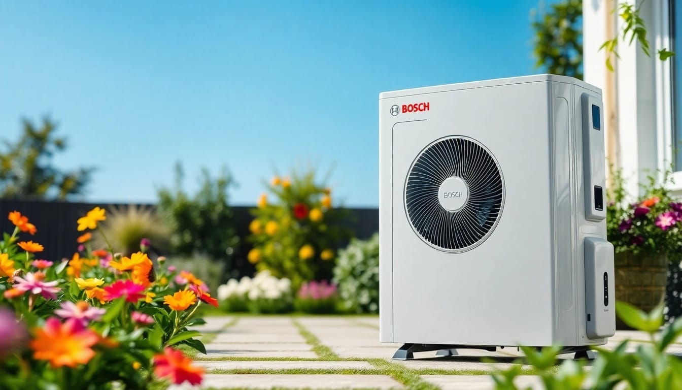 Wärmepumpe Bosch in einem umweltfreundlichen Garten mit natürlichem Licht.