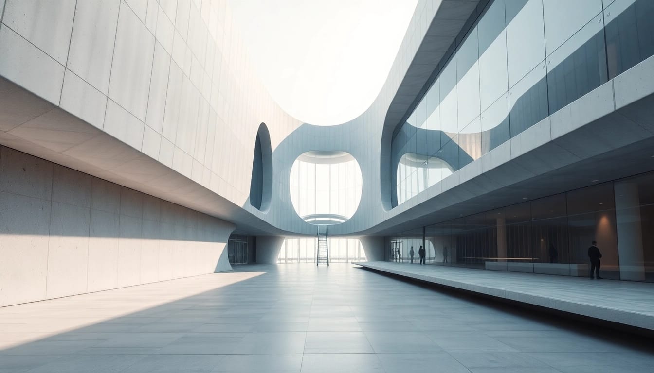 Realistic 3D architektur visualisierung showcasing a modern building's sleek design with captivating ambiance.