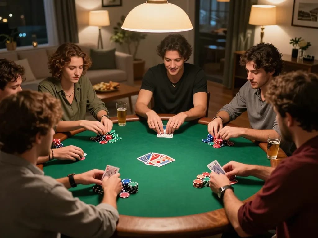 Enjoying a thrilling poker night with friends at home, sportpoolfocus showcases fun energy and strategic gameplay.