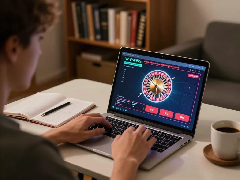 Player engaging in online gambling at vn88a, enjoying a roulette game on a laptop.