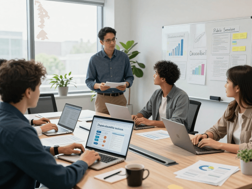 Öffentliche und gemeinnützige Einrichtungen Kommunen diskutieren digitale Barrierefreiheit in modernem Büro.