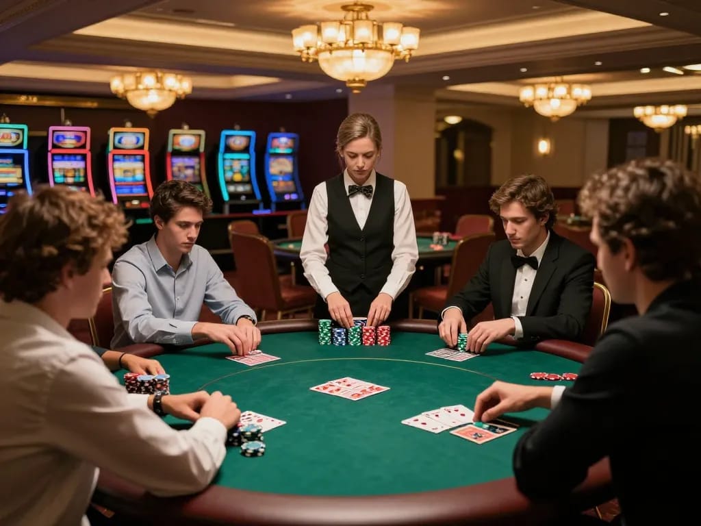 Players engage in strategic poker gameplay at an upscale casino with directregth betting options.
