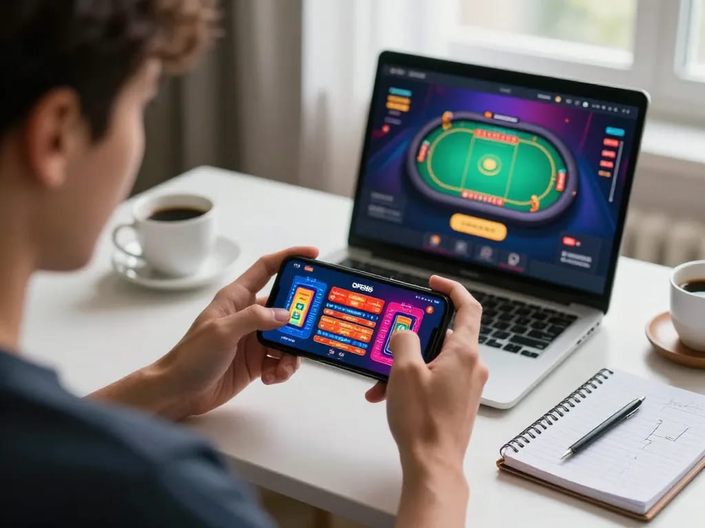 Player engaging with the OPEN88 casino app on their smartphone, showcasing responsible online gambling atmosphere.