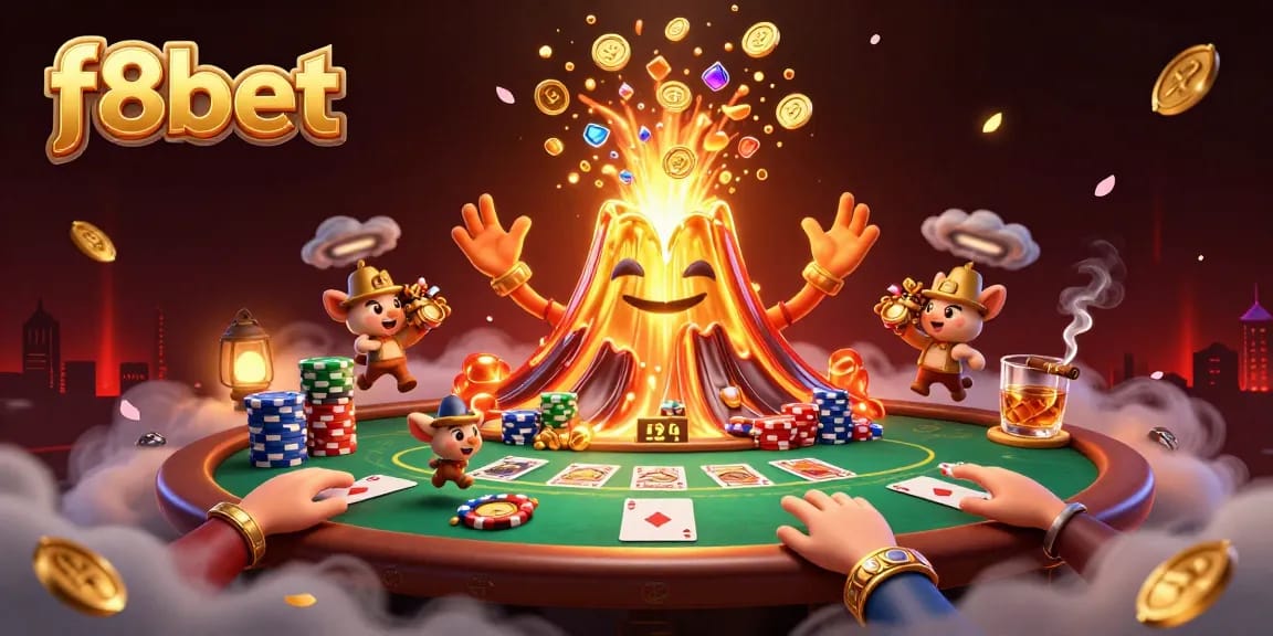 Experience the thrill of f8bet with a golden volcano erupting treasures amidst a lively poker scene.