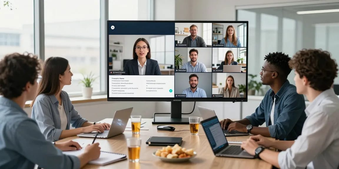 Professionelle Nutzung der AI-Transkriptionssoftware während einer virtuellen Konferenz mit Echtzeitübersetzung.