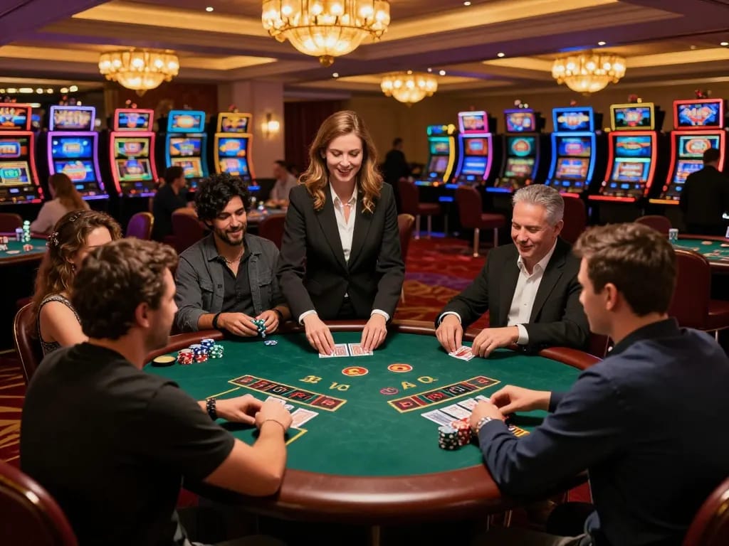 KJC players strategizing during an intense blackjack game in a luxury casino environment.