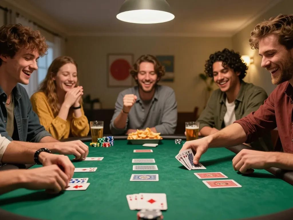 Exciting poker game moment at home with friends, go99com gambling strategies in action.