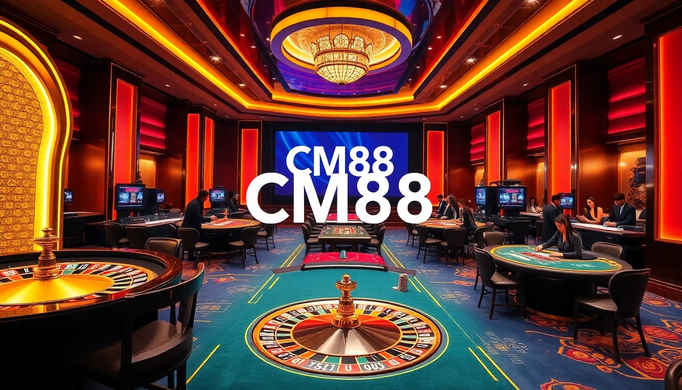 Engaging scene of a luxury casino with CM88-themed decor, featuring a roulette wheel and active players.