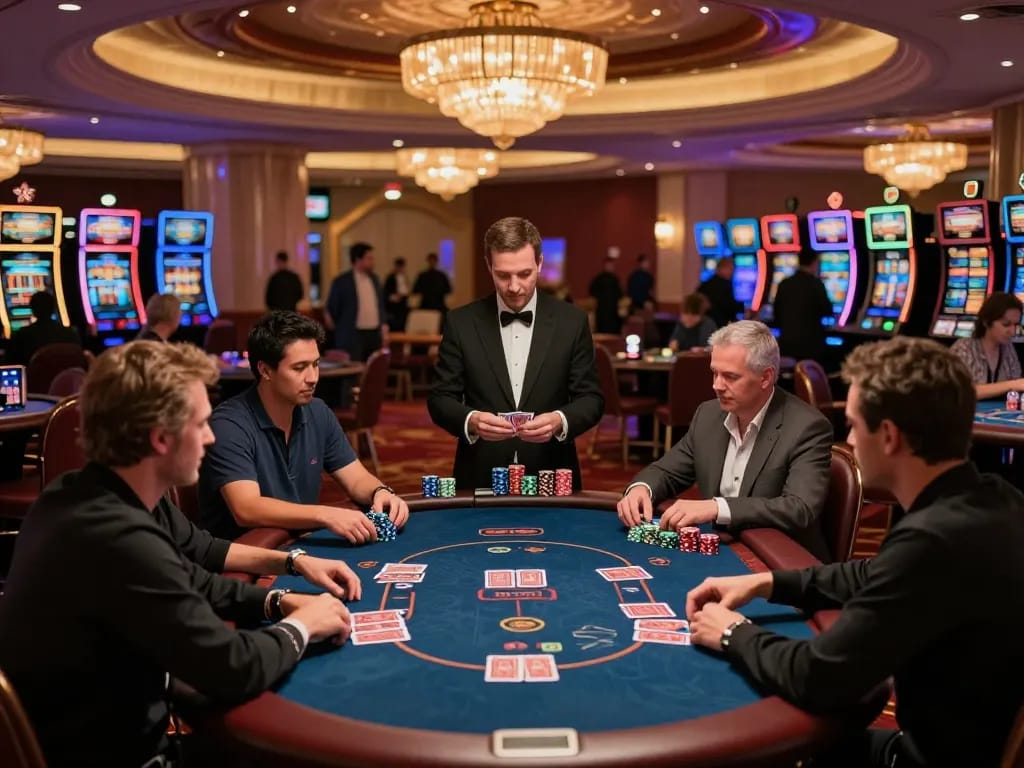 Experience the excitement of 78WIN with engaged players at poker tables on a vibrant casino floor.