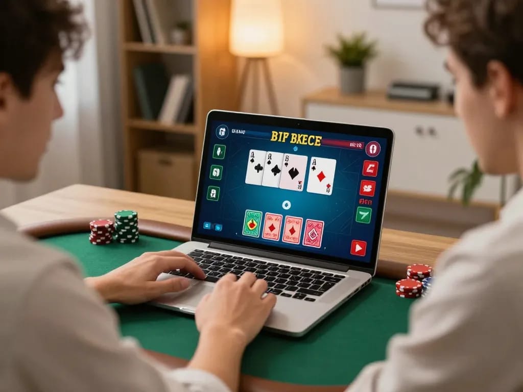 Players strategizing in an online poker game at MB66, showcasing a handheld device with betting options.