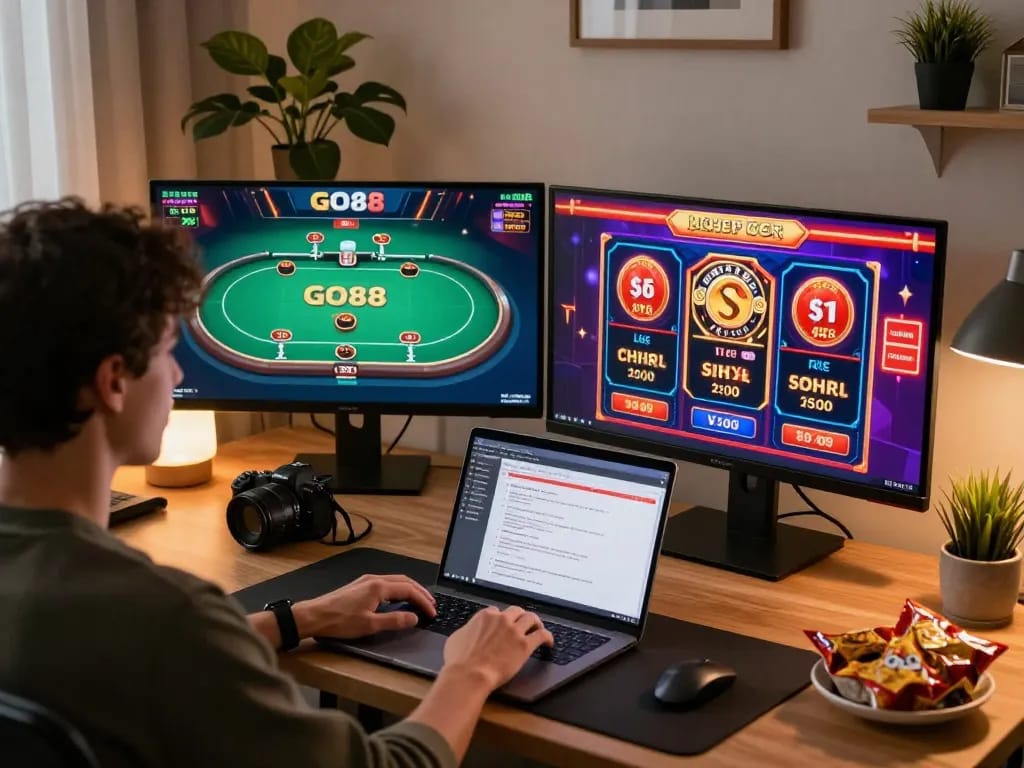 Engaging player focused on GO88 interface in a stylish home gaming setup, showcasing responsible online gambling.