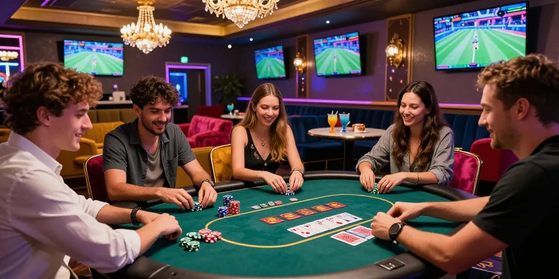 A vibrant casino au88 scene featuring friends enjoying a lively poker game with colorful chips and drinks.