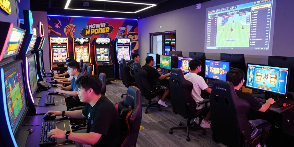 Vibrant gaming scene at https://gemwin.pics/ showcasing players enjoying slot and card games in a lively arcade atmosphere.