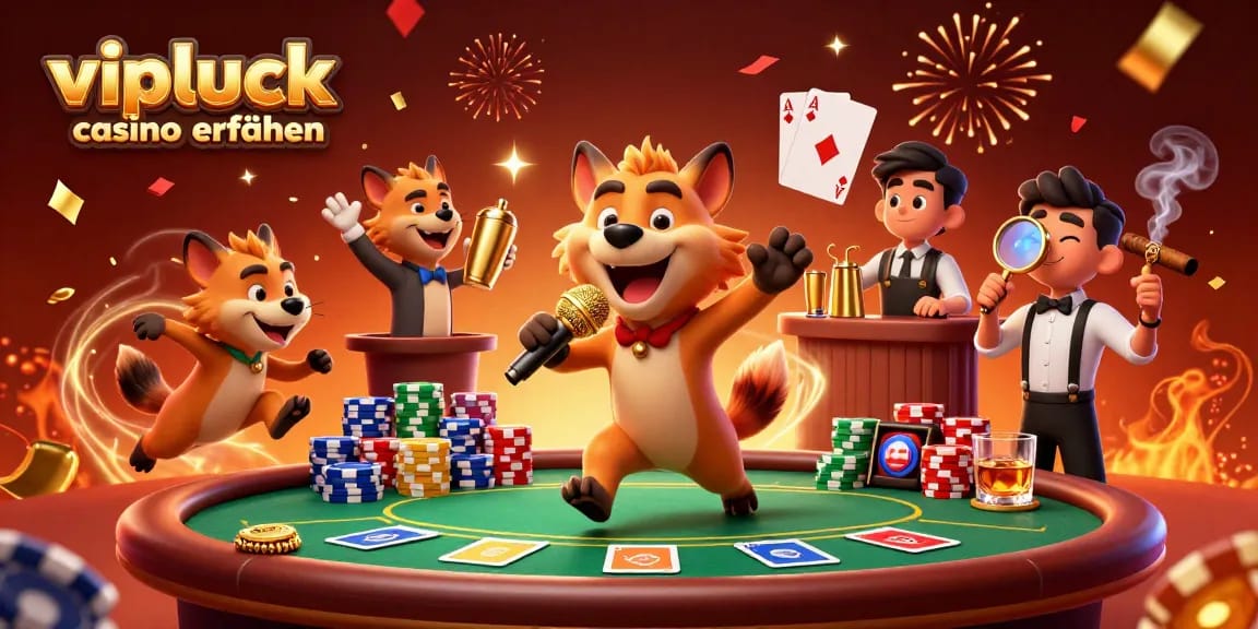 Erleben Sie VIPLuck Casino Erfahrungen durch eine lebhafte Casino-Szene mit humorvollen Hyänen und faszinierenden Spielelementen.