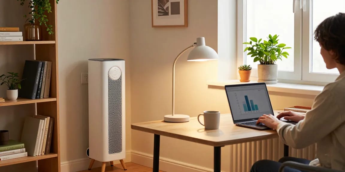 Warmes und einladendes Home Office mit einer mobilen Heizung, die Komfort beim Arbeiten bietet.