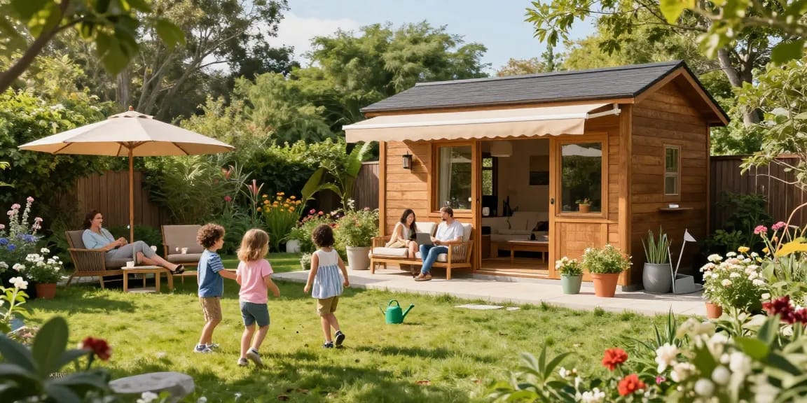 Schönes Gartenhaus von McGarden24 im Garten mit blühenden Pflanzen und einer einladenden Terrasse.