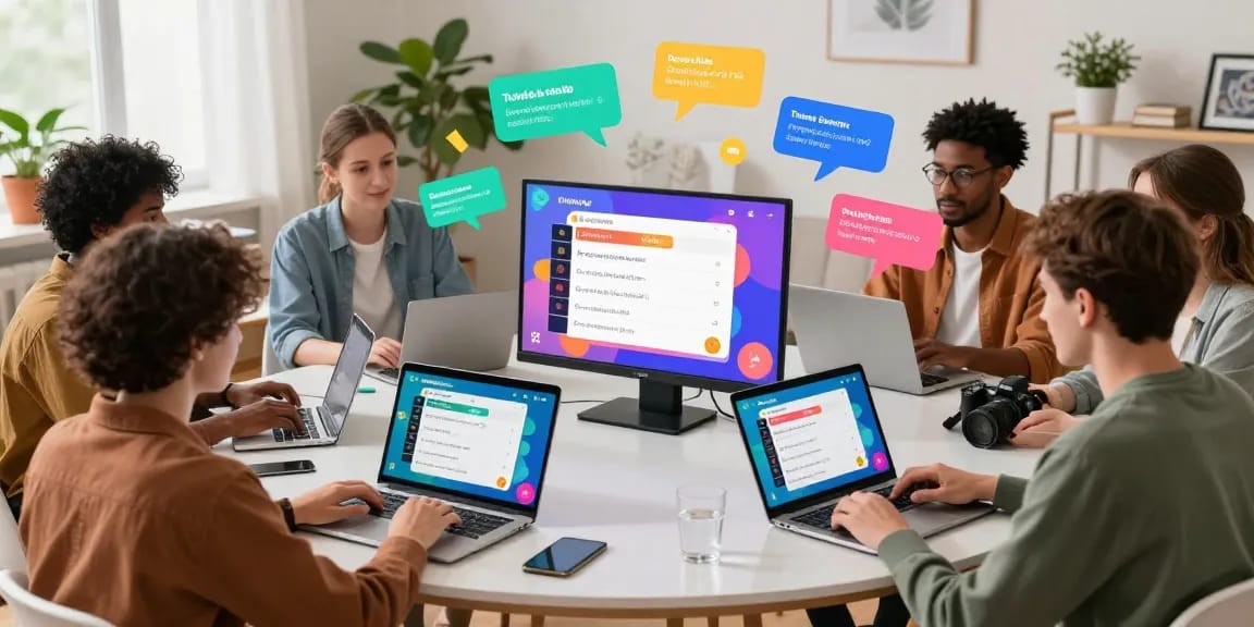Interactive online quiz scene featuring diverse participants engaged in Quiz Allgemeinwissen, showcasing laptops and vibrant trivia graphics.