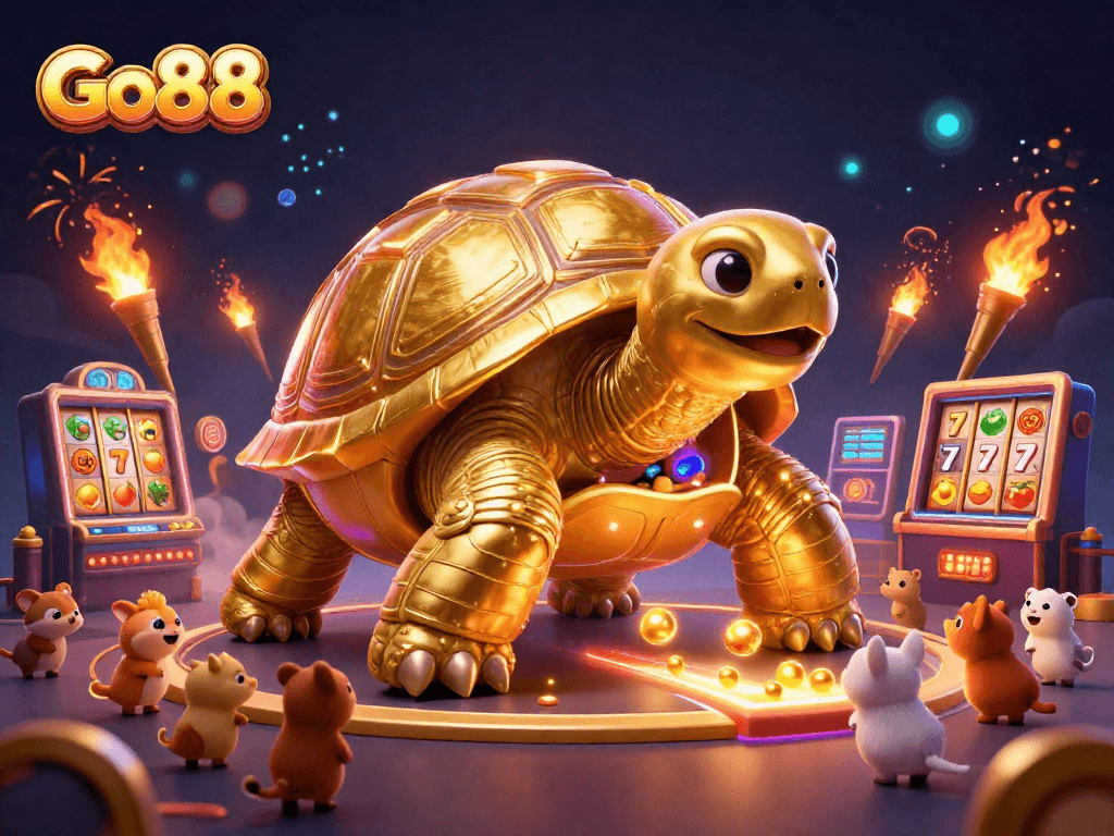 Experience thrilling gameplay at Go88 with a colossal tortoise pinball machine surrounded by dynamic slot elements.
