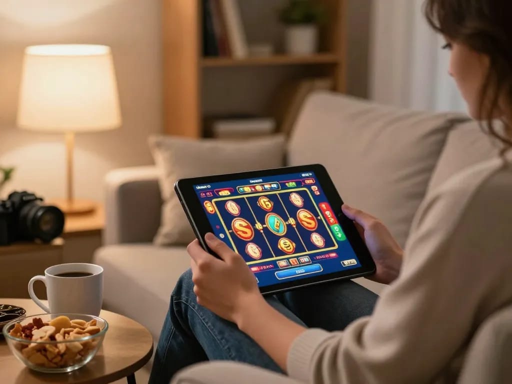 F168 user enjoying online slots game on tablet in cozy living room atmosphere.