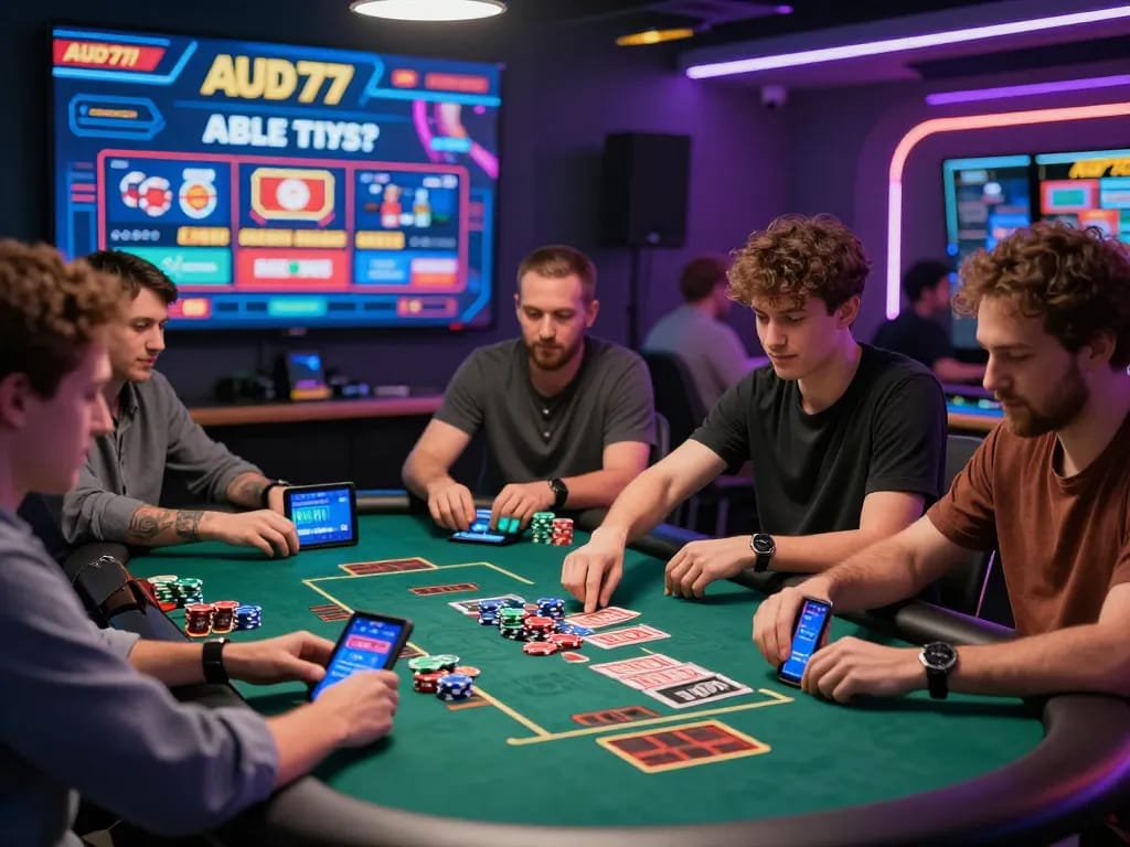 Players enjoying aud77 online casino games, vibrant atmosphere with colorful graphics and digital devices.