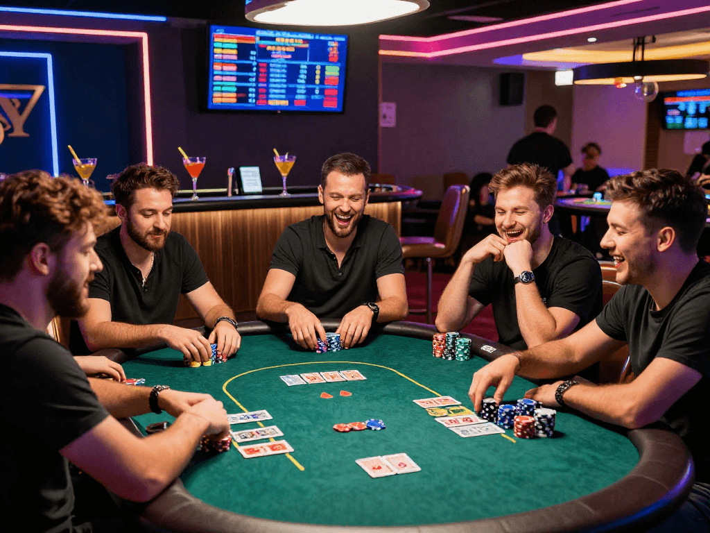 Exciting poker game at rokok88 casino with vibrant atmosphere and colorful chips.