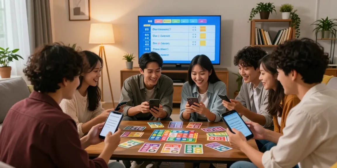 Eine Gruppe von Freunden, die gemeinsam Quiz Allgemeinwissen spielen, umgeben von bunten Quizkarten und einem Bildschirm mit Rangliste in einer gemütlichen Wohnzimmeratmosphäre.