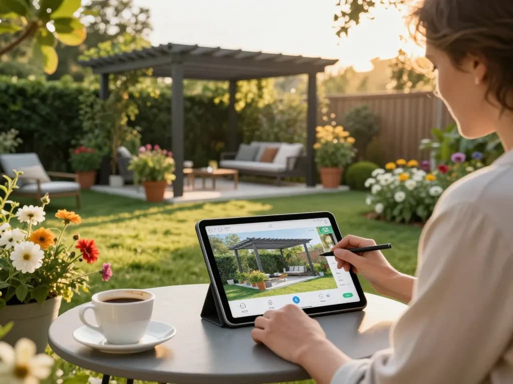 Gestalten Sie Ihren Außenbereich mit Pergola 3D-Design in einem lebhaften Garten.