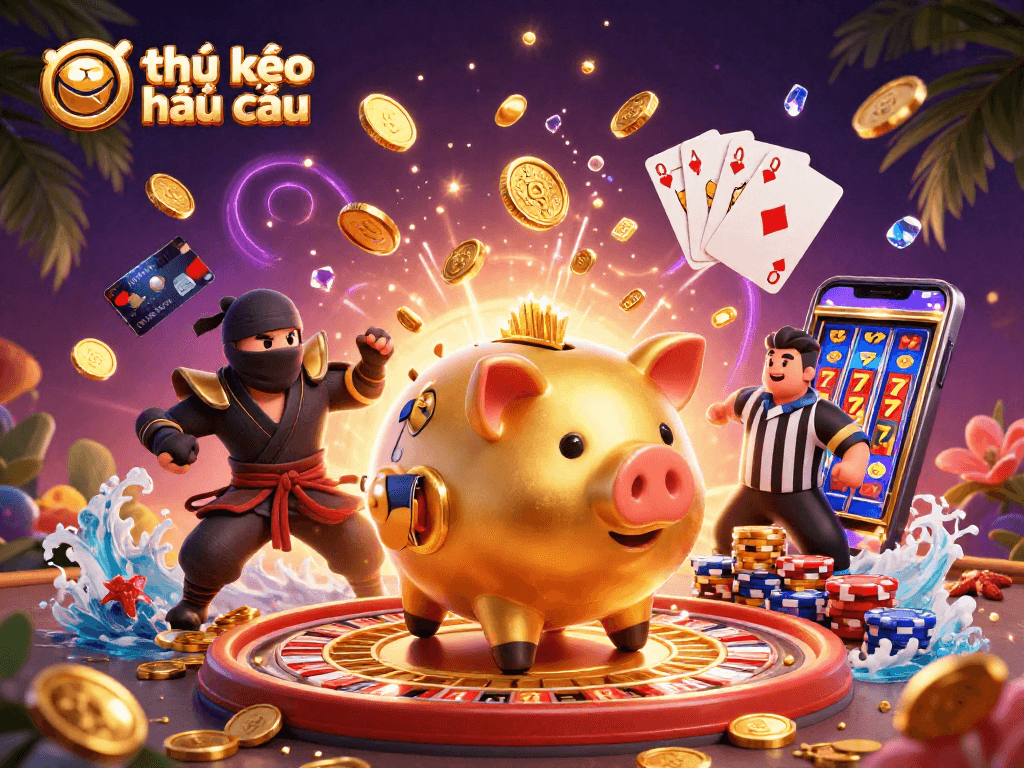 Engaging visual of tỷ lệ kèo nhà cái showcasing a golden piggy bank sumo wrestler amid a dynamic casino scene.