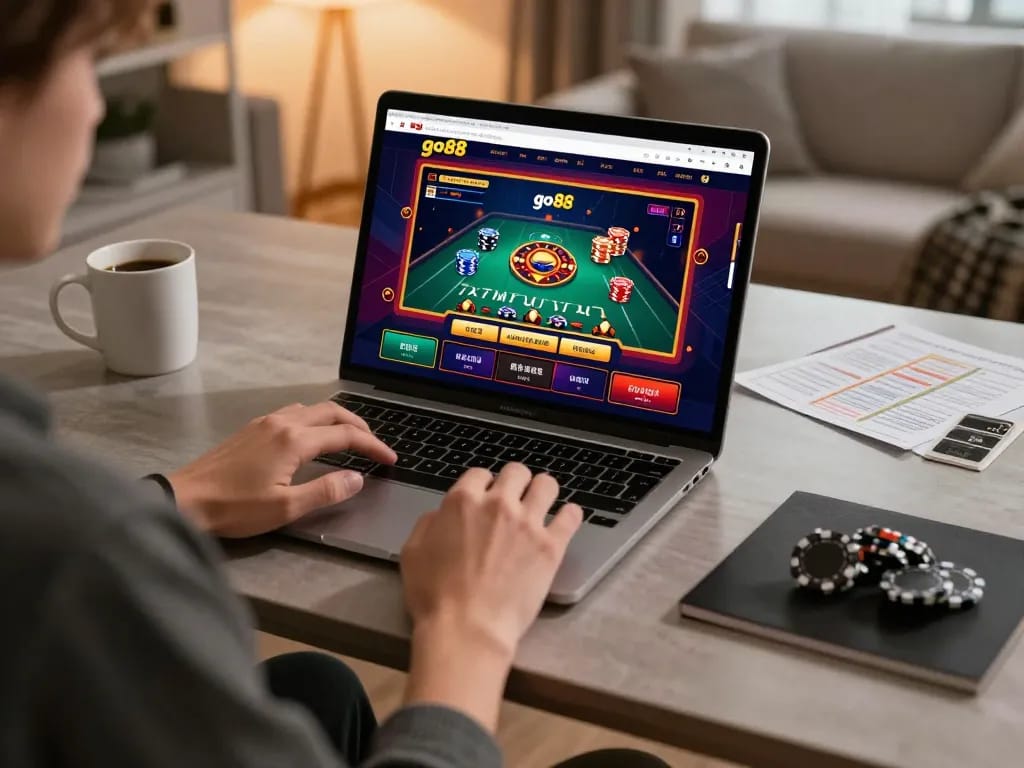 Enjoying go88's online gaming experience on a tablet in a cozy home environment