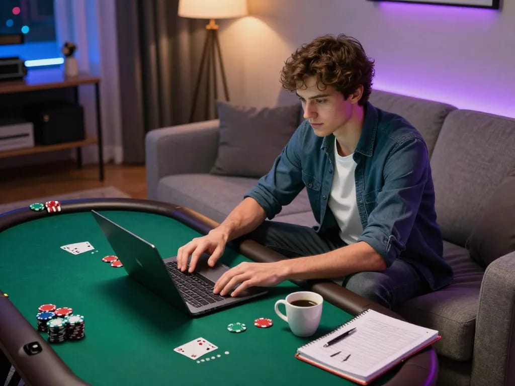 CM88 player engaging in online poker strategy at home with cozy surroundings.