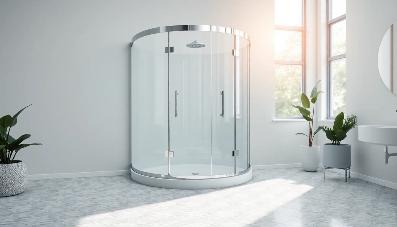 Sonni Duschkabine 90x90 in einem modernen Badezimmer mit stilvollen Fliesen und einer eleganten Glasfront.