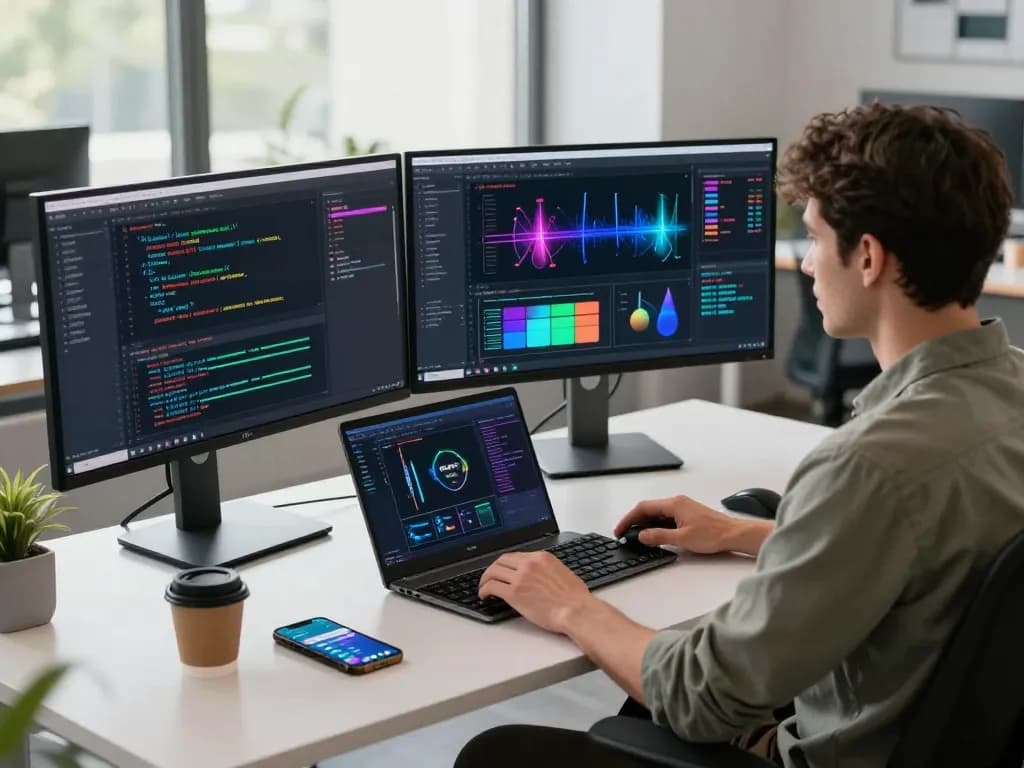 Developer creating advanced motion control software in a dynamic office environment, displaying code and animations.
