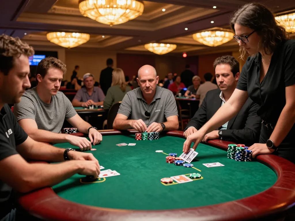 Players engage in a high-stakes VA88 poker game at a vibrant Las Vegas casino table.