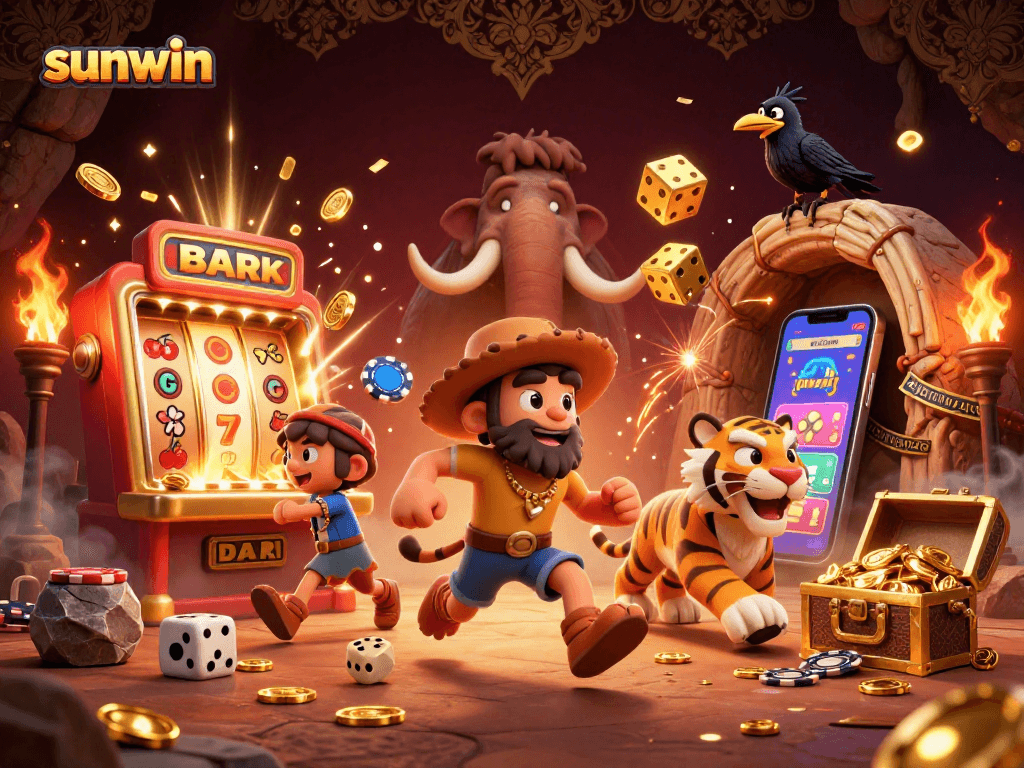 Win big with sunwin in a vibrant prehistoric casino featuring cavemen and a sabertooth tiger.