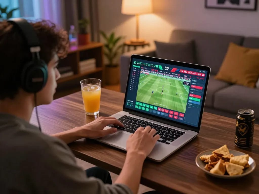 Engaging moment using watchballonline platform for live sports betting at home, vibrant setup with laptop and cozy decor.
