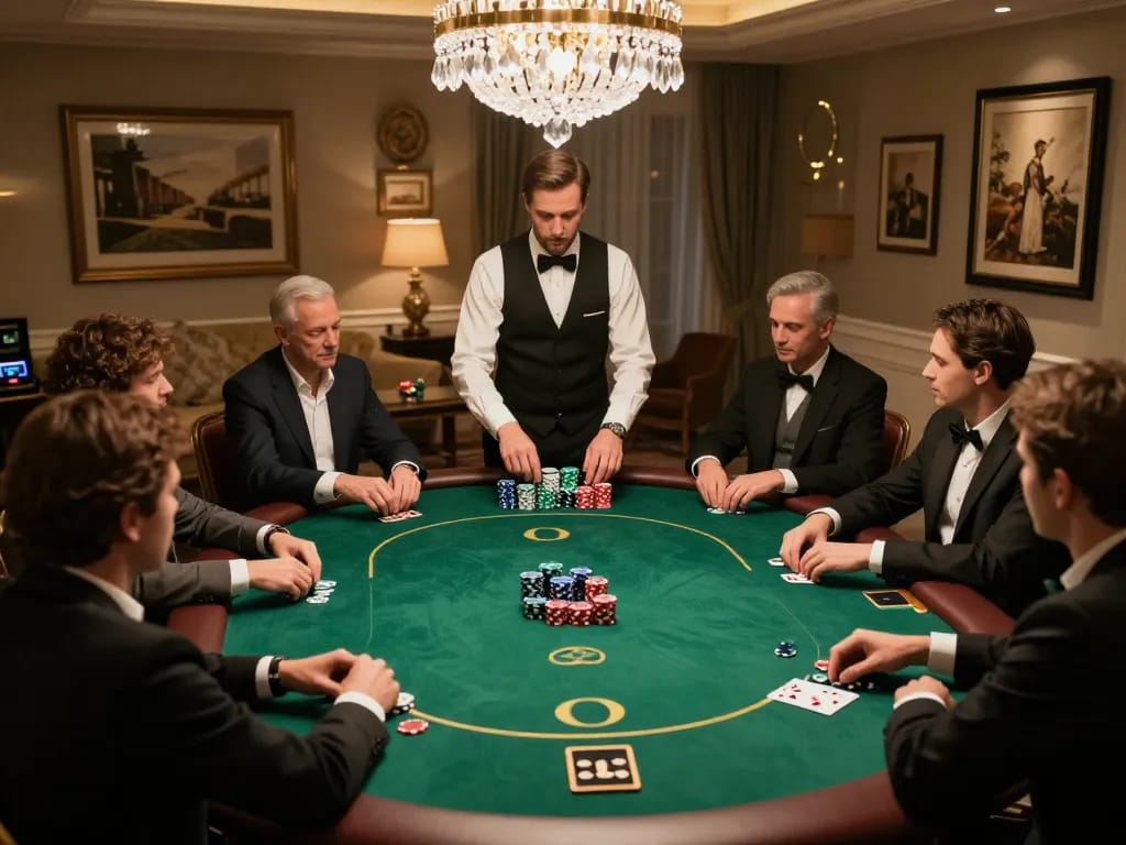 Engaging in high-stakes poker gameplay at a luxurious venue showcasing strategic betting and classy decor.